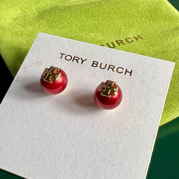 Tory Burch Red Enamel Round Logo Stud Earrings With Gold Accents - Picture 2 of 5